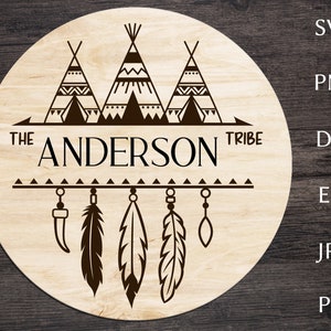 Svg monogramme divisé en famille, nom de famille dans un style tribal avec tipi et plumes, svg amérindien, svg cadre monogramme indien, png, dxf
