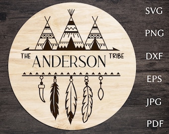 Monograma de división familiar svg, apellido familiar en estilo tribal con tipi y plumas, svg nativo americano, marco de monograma indio svg, png, dxf