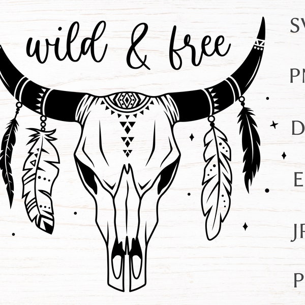 cow skull svg, boho tribal svg laser cut files, indian svg, wild & free svg quote for shirt, bull skull silhouette, png, dxf, eps, pdf