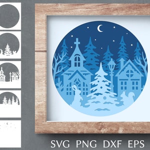 Weihnachtsschattenbox-Svg-Schnittdatei, 3D-Papierschnitt-Svg-Vorlage, geschichtete Schattenbox mit Weihnachtsszene im Winterwald und Weihnachtsdorf.
