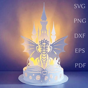 Dragon lantern svg template, fantasy layered paper lantern with book & castle, DIY creations, digital svg cut file for cricut projects.