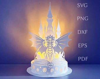 Dragon lantern svg template, fantasy layered paper lantern with book & castle, DIY creations, digital svg cut file for cricut projects.