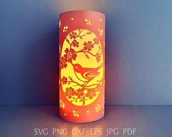Flower lantern template, spring paper lantern with bird on the branches of a blossoming cherry, DIY home decor, svg cut file for cricut.