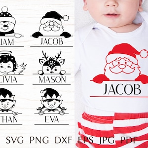 Christmas monogram svg, baby christmas name svg, funny kids christmas, split monogram with santa, elf, angel, reindeer smowman, png clipart