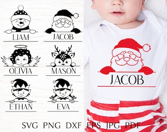 Christmas monogram svg, baby christmas name svg, funny kids christmas, split monogram with santa, elf, angel, reindeer smowman, png clipart