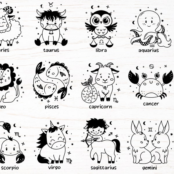 Baby zodiac svg bundle, cute kids printable design for onesie, shirt or poster, horoscope nursery art, adorable clipart for children.