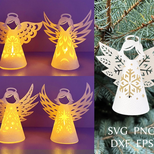 Christmas lantern svg template, 3d angel papercut ornament,  Christmas Angel Bundle, Tea light lantern svg cut file for cricut.