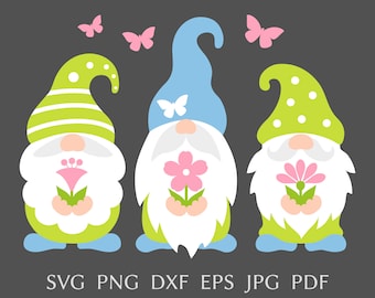 Spring gnomes svg, holiday gnomes with flowers & butterfly, spring svg designs for shirt, funny spring clipart, png dxf, eps