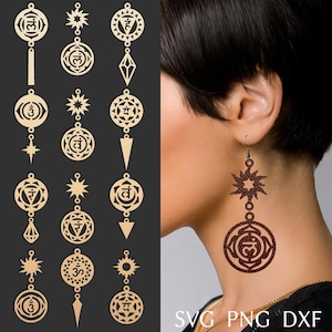 Chakra oorbellen svg-bundel, veren lederen oorbel, lasergesneden sjabloon voor oorbellen van messing of hout, doe-het-zelf sieraden svg, dxf, png.