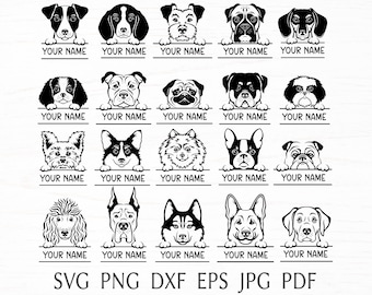 May include: A set of 18 black and white dog breed silhouette illustrations. Each illustration features a different dog breed with the text "YOUR NAME" below each image.
