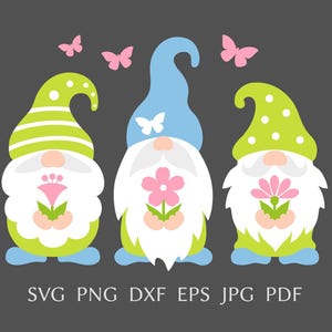 Wiosenne krasnale svg, świąteczne krasnale z kwiatami i motylami, wiosenne projekty svg na koszulkę, zabawne wiosenne clipart, png dxf, eps