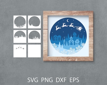 Christmas shadow box svg cut file for cricut, 3d papercut svg template, layered shadow box with reindeer and santa sleigh png dxf, decor svg