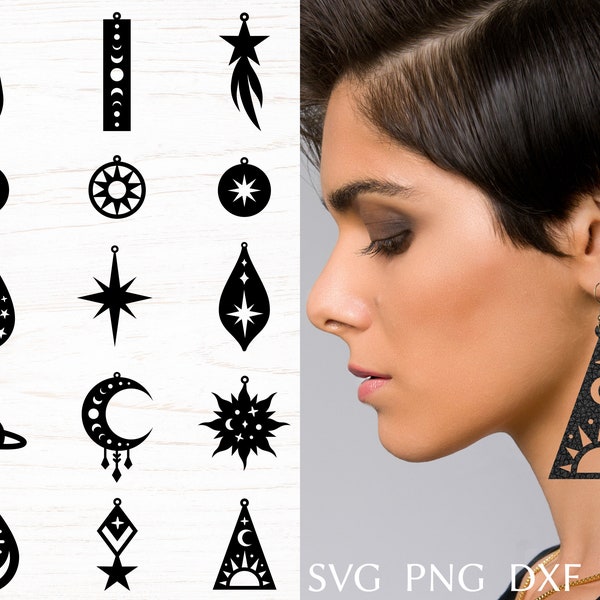 Fichier svg boucle d’oreille pour cricut, paquet de boucles d’oreilles étoiles soleil et lune, boucle d’oreille céleste en faux cuir, modèle découpé au laser, bijoux DIY svg, dxf, png