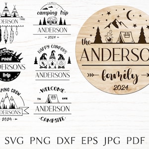 Monograma de familia dividida svg, camping svg, apellido familiar para viaje de campamento svg, marco de monograma de campamento de verano, campistas felices svg, png, dxf