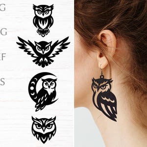 May include: A person wears black owl earrings, showcasing a detailed design. The image also displays SVG, PNG, DXF, and EPS owl designs. The earrings and designs feature intricate details, highlighting the owl's features.