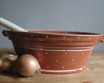 hand painted red clay bowl with creme slip and clear glaze,farmhouse,simple,dots,earthenware,batterbowl,fruitbowl.