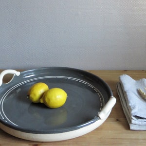 Handmade ceramic round tray, Serving dish, Platter, Rustic, Country, Boho, White, Home, Shallow, Fruit, Centre piece, Plate, Scandinavian image 1