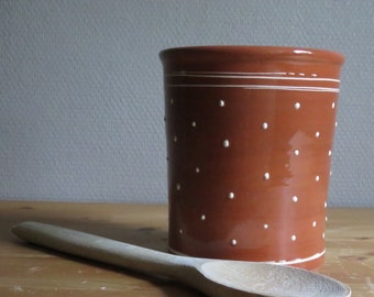 Handmade utensil holder in red clay and creme decor,elegant ,farmhouse,traditional,dots,country,home.