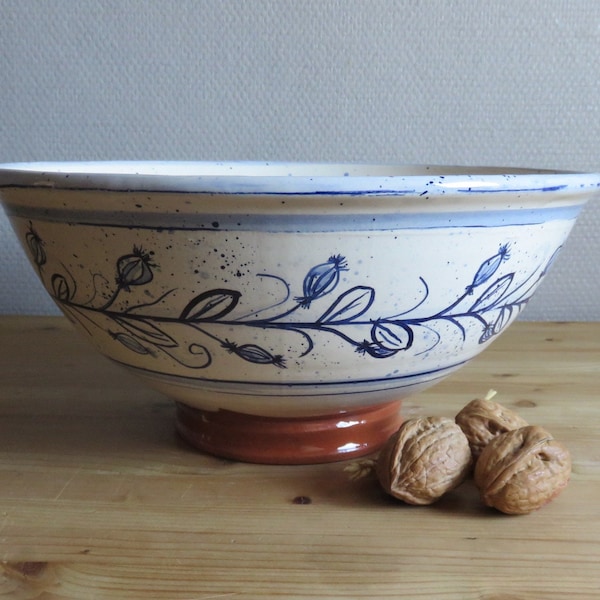 handpainted ceramic bowl,flower design in cobalt on creme slipware,one of piece.