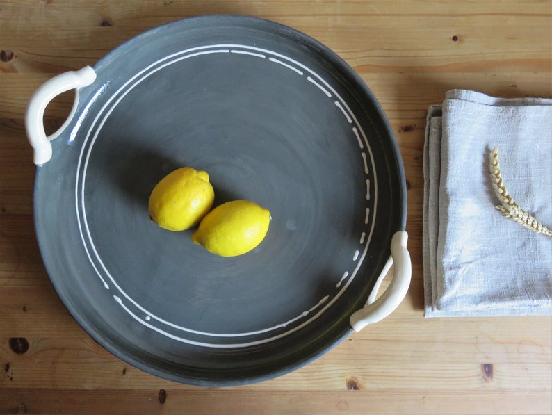 Handmade ceramic round tray, Serving dish, Platter, Rustic, Country, Boho, White, Home, Shallow, Fruit, Centre piece, Plate, Scandinavian image 3