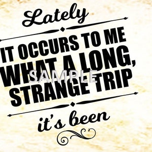 May include: Black and white typography on a beige background with the text "Lately it occurs to me what a long, strange trip it's been".