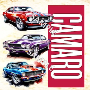 May include: Three vintage Chevrolet Camaro muscle cars in red, purple, and blue with white racing stripes. The cars are arranged in a vertical stack with the word "CAMARO" in white letters on a red background.