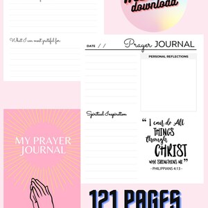 May include: A pink and white printable prayer journal with 121 pages. The cover features a graphic of praying hands and the text "My Prayer Journal". The journal includes sections for daily reflections, spiritual inspiration, and gratitude.