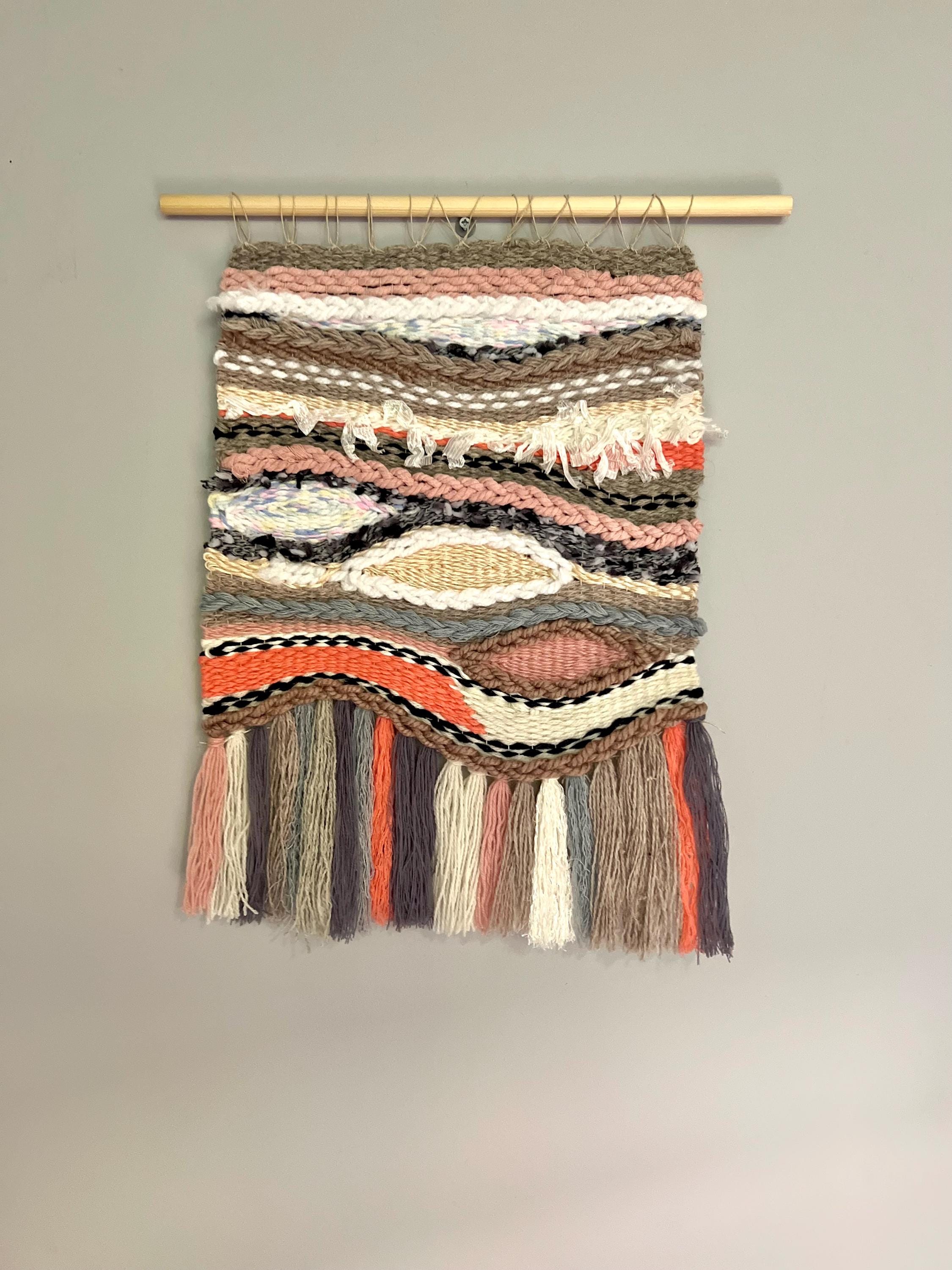 Wabi-Sabi Woven Wall Hanging – Japandi Style in Brown, Orange & White | 35x50cm Minimalist Fiber Art with Wooden Dowel