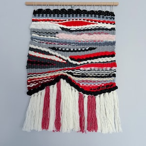 Dynamic Abstract Wall Weaving | Bold White, Black & Red Tapestry Art