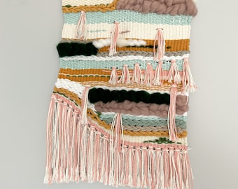 Light color weaving. Boho Wall Hanging, Woven Tapestry Art. Braided weaving cloud