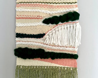 Wall Decor. Greenish Weaving, Boho, Tapestry, Wool. Pink elements. Fringe Wall decor. Chunky wool cloud weaving.
