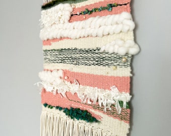Wall Decor. Pink and Green Weaving, Boho, Tapestry, Wool, Wall decor. Bedroom handmade wall decor. Chunky yarn weaving.