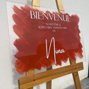 Panneau de bienvenue en plexiglas personnalisé, Fond de couleur au choix, Signalisation de mariage en acrylique, image 1