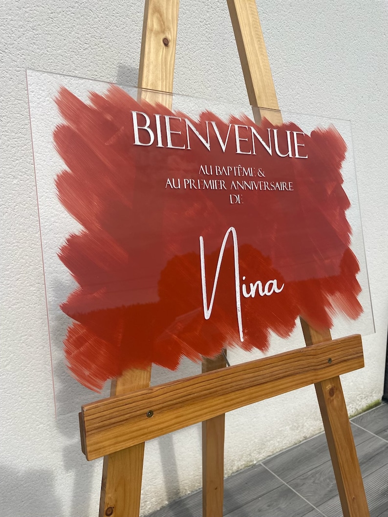 Panneau de bienvenue en plexiglas personnalisé, Fond de couleur au choix, Signalisation de mariage en acrylique, image 1