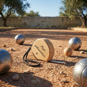 Peut inclure: Un m&egrave;tre ruban en bois avec les mots "Papi p&eacute;tancoeur" et un symbole de c&oelig;ur est entour&eacute; de boules de p&eacute;tanque m&eacute;talliques sur une surface en terre. Le ruban a une dragonne noire. La sc&egrave;ne est en ext&eacute;rieur.