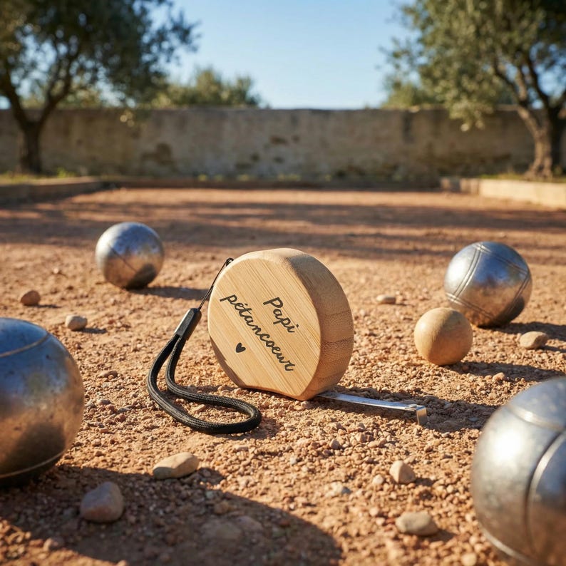 Peut inclure: Un m&egrave;tre ruban en bois avec les mots "Papi p&eacute;tancoeur" et un symbole de c&oelig;ur est entour&eacute; de boules de p&eacute;tanque m&eacute;talliques sur une surface en terre. Le ruban a une dragonne noire. La sc&egrave;ne est en ext&eacute;rieur.