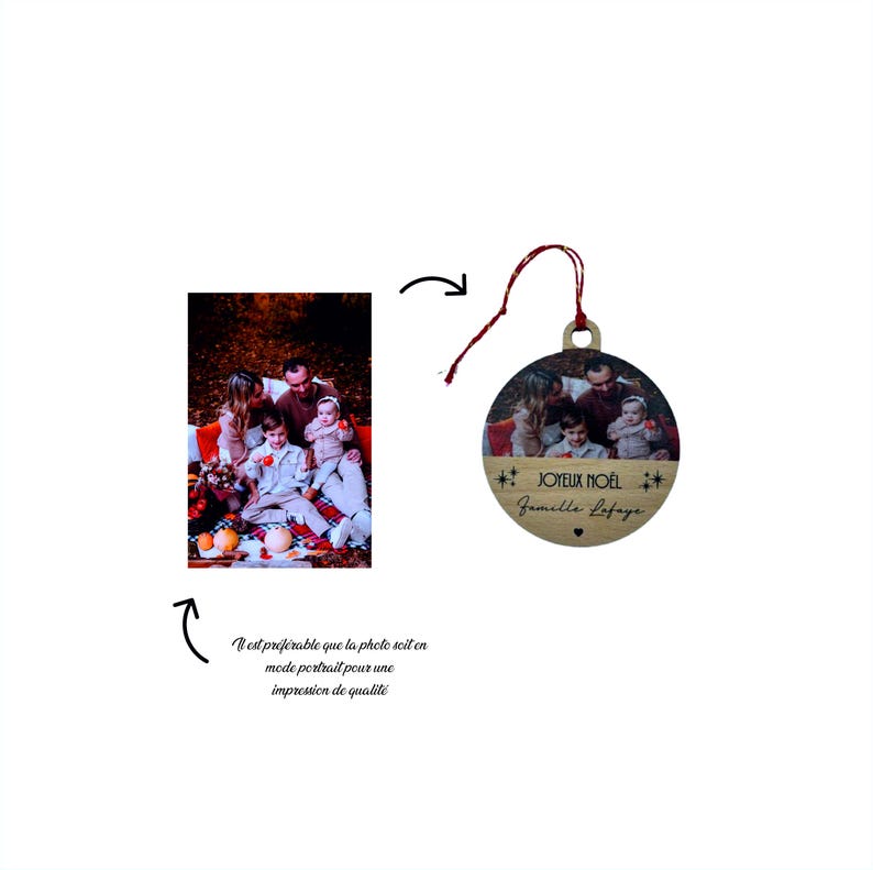 May include: A round wooden ornament with a photo of a family of four. The ornament is decorated with the text "Joyeux Noel" and "Famille Lafaye".