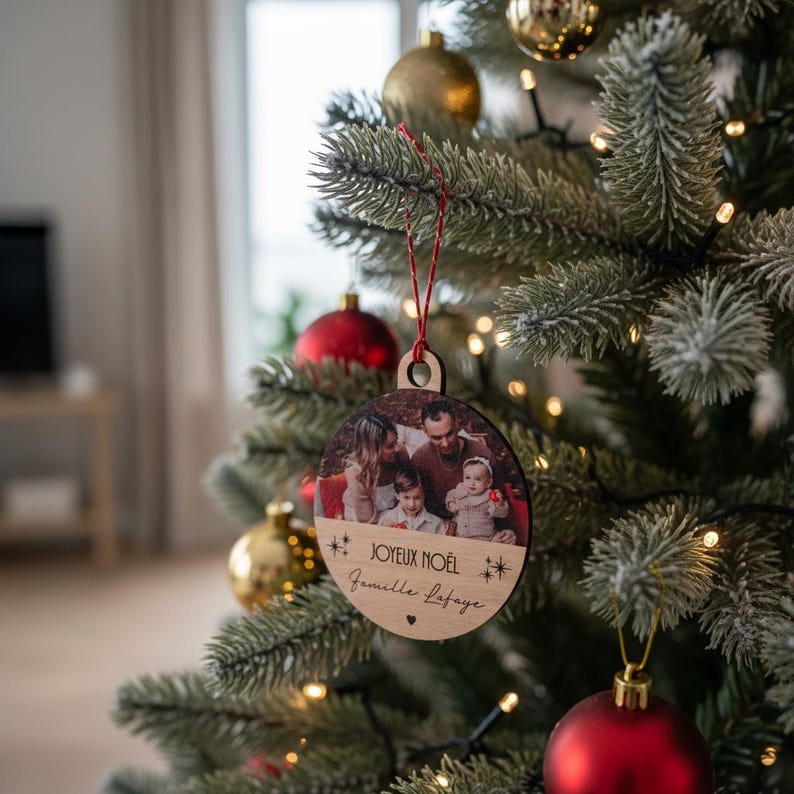 Personalized photo Christmas bauble – Color printing on wood – Christmas gift for family, grandparents image 1
