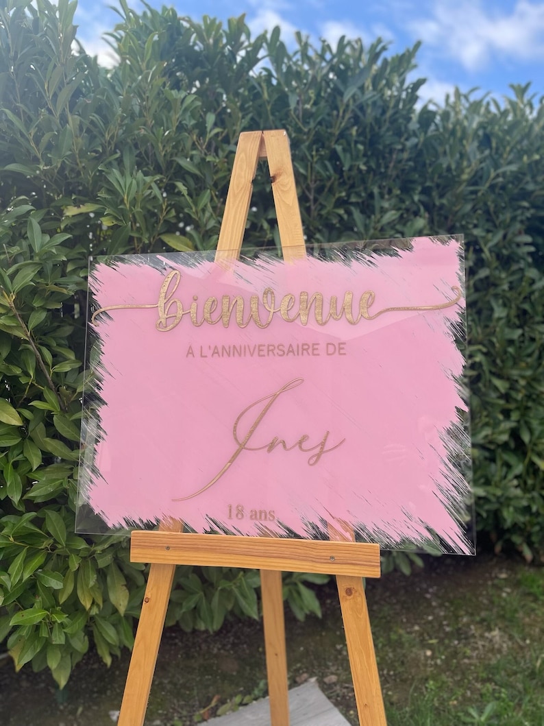 Panneau de bienvenue en plexiglas personnalisé, Fond de couleur au choix, Signalisation de mariage en acrylique, image 2