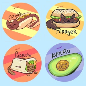Funny Food Themed Cat Pun Pinback Buttons (Purrito, AvoCATo, Purrger, Catdog)