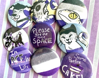 Ace Pride Pinback Buttons! 1.25" ('Give me some spACE', Cake, Cat, Opossum, Dragon, Dog, Lizard)