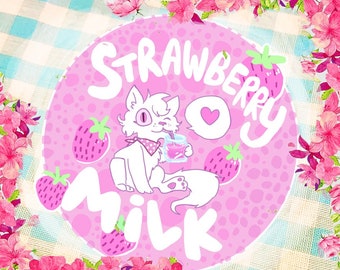 Pink Strawberry Milk White Kitty Cat Sticker 2"