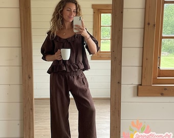 Linnen pyjama met ruches, linnen blouse en broek met ruches, pyjama voor bruidsmeisjes, linnen nachtkleding, pyjama grote maten, linnen homewear