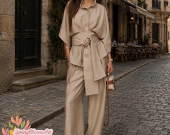 Linnen kimono-shirt, shirt met lange mouwen en broekset, elegante tweedelige set, linnen damespak, linnen herfst/winterset, casual linnen set