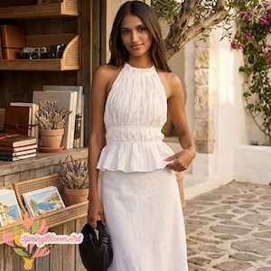 Set linnen haltertop en lange rok, top zonder rug, zomerrok, linnen midirok, linnen zomerset, strandoutfitset, plus size kleding