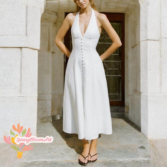 halter dress summer casual Red Halter Midi Casual Summer Dress with Pockets Winterberry Red / XSmall