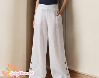 Linen Wide leg Pants with Pockets, Linen Palazzo Pants, Loose Linen Trousers, Classic Linen Pants, Bohemian Pants, Elastic Button Pants