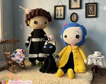Blue Hair Girl and Curly Hair Boy Crochet, Horror Cartoon Plushie, Blue Hair Button Eye Girl Amigurumi, Birthday Gifts, Halloween Gifts