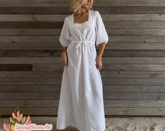 Linen Maxi Dress, Puff Sleeves Linen Dress, Loose Linen Dress, Linen Beach Dress, Holiday Summer Dress, Wedding Guest Dress, Vacation Dress