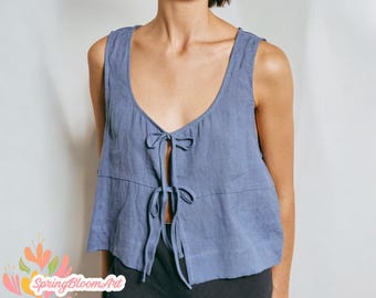 Blusa de lino con lazos delanteros, blusa retro vintage para mujer, blusa de lino sin mangas, blusa holgada de lino, blusa de verano, talla grande, regalo para ella